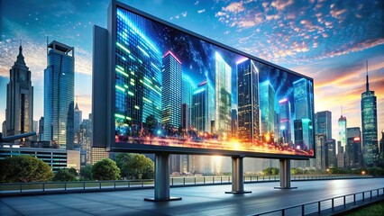 Futuristic type animation on digital billboard in metropolis , technology, cityscape, digital, minimalist, modern, urban, busy, vibrant, futuristic, animation, typography, communication