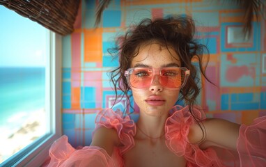 Freckled young woman in pink glasses taking a selfie in a colorful room