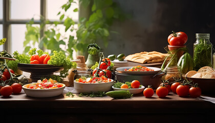 Wall Mural - A table full of food, including a large plate of sliced tomatoes