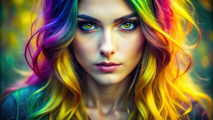 Wall Mural - Portrait of a young woman with colorful dyed hair and intense yellow eyes, with a soft focus background, young, woman, portrait, colorful hair, dyed hair, yellow eyes, intense, soft focus