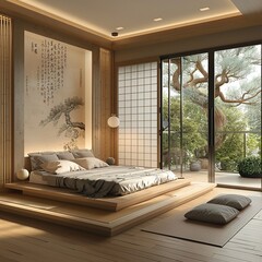 Wall Mural - This image depicts a luxurious spa-like Asian bedroom retreat, featuring a plush canopy bed, designed to offer ultimate relaxation and tranquility in an elegant setting.