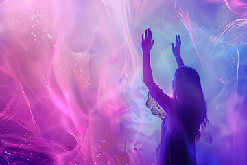 Wall Mural - Woman raising hands in worship with purple and pink Christian-themed background. Concept Worship, Christian Theme, Raised Hands, Purple Background, Pink Background