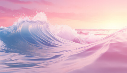 Wall Mural - A wave crashing on a beach with a pink and blue sky in the background