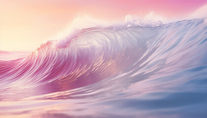 Wall Mural - A wave crashing on a beach with a pink and blue sky in the background