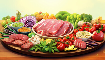 Wall Mural - A tray of meat and vegetables is displayed on a table