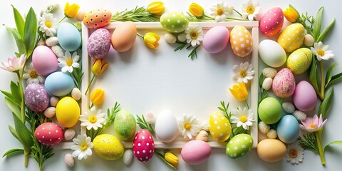 Wall Mural - Easter greeting card with assorted eggs and flowers frame on white background, Easter, greeting card, flat lay, composition, colorful, eggs, flowers, frame, white background, holiday
