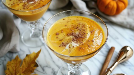 flavors of fall with a creamy pumpkin spice mocktail and a comforting bowl of butternut squash soup