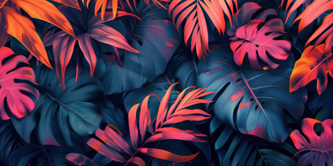 Wall Mural - Panorama view of tropical nature of flower and leaves summer abstract background. Generative ai.