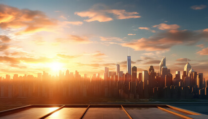 Wall Mural - A city skyline with a large sun in the sky