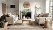 © JIALU - Neutral-Toned Living Room with Beige and Greyish Brown Sofas, Light Wood Floor, and Decorative Accents