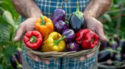 Wall Mural - farmer holding red, green and yellow peppers, along with purple eggplants generative ai