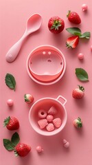 Wall Mural - Strawberry bowls spoon pink surface