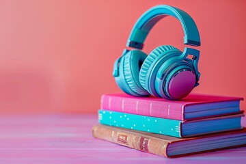 Wall Mural - Purple headphones stack books
