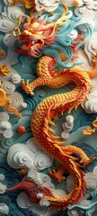 Wall Mural - 3d papercuts Chinese New Year Year of the Dragon, in the style of surrealistic cartoons, detailed shading, realistic landscapes