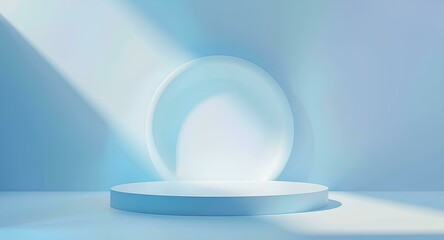Abstract white light on a pastel blue background for a product display, stage showcase or presentation mockup template design vector illustration with a podium scene, circular ring
