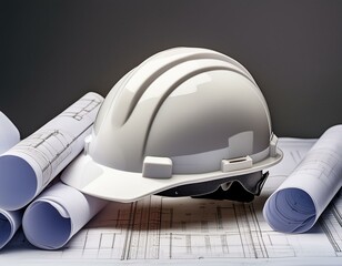 A white construction helmet is tilted over a rolled-up blueprint, which lies on top of a flat blueprint.