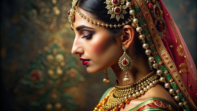 Side view of beautiful Indian woman with traditional jewelry and clothing, Indian, woman, side view, traditional, jewelry, clothing, elegance, beauty, culture, ethnicity, fashion, glamorous