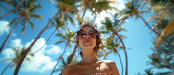 Poster - Woman in sunglasses with palm trees on a sunny day