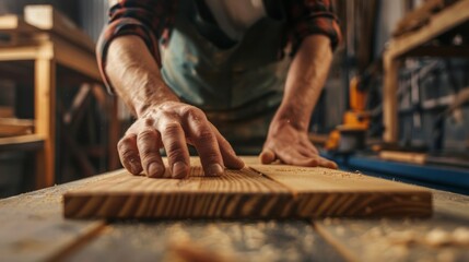 Sticker - man owner a small furniture business is preparing wood for production. carpenter male is adjust wood to the desired size. architect, designer, Built-in, professional wood, craftsman, workshop.