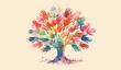 © TigerDude - Tree made of colorful handprints, symbolizing unity and diversit, in the watercolor illustration style. The concept represents the idea that each person's unique experience