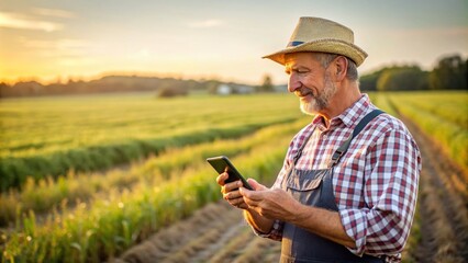 Wall Mural - A farmer standing in a field with a mobile phone, agriculture, technology, rural, communication, smart farming, mobile device, wireless, countryside, innovation, modern, smartphone