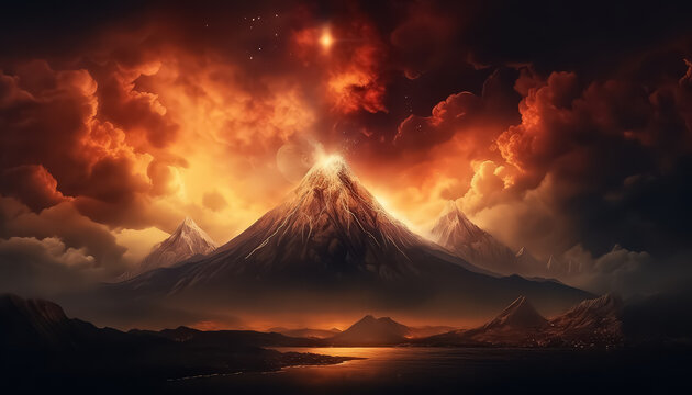 Volcano erupts with fire and smoke at night