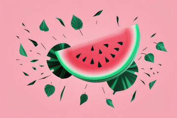 Wall Mural - Juicy ripe flying watermelon, watermelon slices and green leaves isolated on soft pink background.