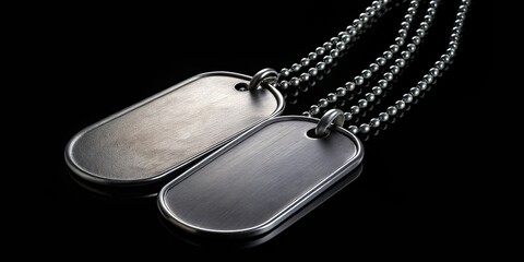 Wall Mural - Military dog tags on black background, army, identification, soldier, tags, military, metal, chain, identity, memorial, engraved, service, stainless steel, war, uniform, defense, combat
