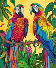 Wall Mural - Two vibrant macaws perched on a branch with lush tropical foliage and a sunny background.