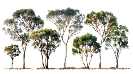 set of eucalyptus trees with isolated transparent background