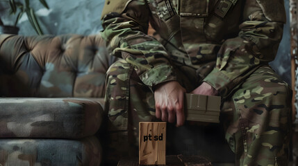 Wall Mural - Soldier hands, holding wood block and sofa for therapy, ptsd and help for mental health problem from Ukraine war. Military professional, wooden sign or depression on couch after international combat