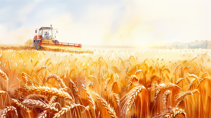 Farmer harvesting golden wheat field under clear sky, watercolor scene depicting summer abundance 