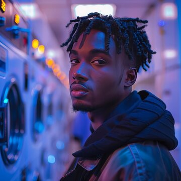 young man with dreadlocks posing in a laundromat with neon lights.