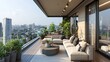 © thekob5123 - Contemporary city apartment balcony with panoramic views, stylish outdoor furniture, and potted plants.
