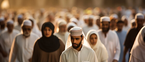 A crowd of people dressed in white gather during the Eid al Adha feast celebration. The men wear traditional headwear and the women are veiled. A bearded man with a distinctive white turban is in the