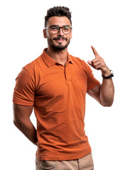 Wall Mural - A man in an orange shirt is pointing with his finger, on orange t-shirt and eyeglasses, nerdy style 