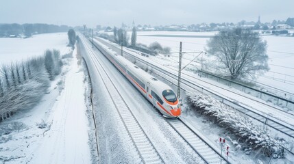 Aufkleber - A high-speed train in the snow, with tracks being cleared, demonstrating the reliability of modern rail systems in various weather conditions
