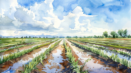 Watercolor illustration of an over-irrigated field leading to waterlogging and crop damage 