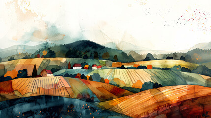 Watercolor illustration of urban encroachment threatening agricultural land and leading to reduced farmland area 