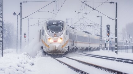Aufkleber - A high-speed train in the snow, with tracks being cleared, demonstrating the reliability of modern rail systems in various weather conditions