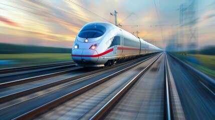 A high-speed train moving at full speed with motion blur, conveying the sense of rapid movement and efficiency