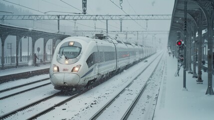 Aufkleber - A high-speed train in the snow, with tracks being cleared, demonstrating the reliability of modern rail systems in various weather conditions