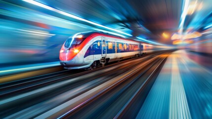 Fototapete - A high-speed train moving at full speed with motion blur, conveying the sense of rapid movement and efficiency