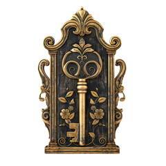 Ornate antique key on decorative plaque with floral motifs, showcasing intricate craftsmanship and vintage charm. Perfect for home decor themes.