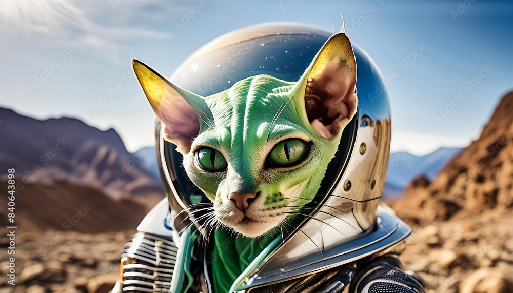 An Alien Cat With Green Skin Wearing A Space Suit Explores An an-alien-cat-with-green-skin-wearing-a-space-suit-explores-an