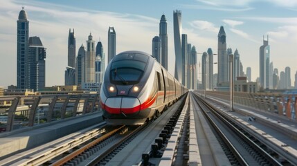 Leinwandbilder - A high-speed train with a city skyline in the background, showcasing the integration of modern rail systems into urban environments