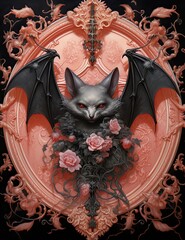 Wall Mural - Fantasy painting of a luxury bat, matt black red grunge background with shiny silver metallic baroque decorations,