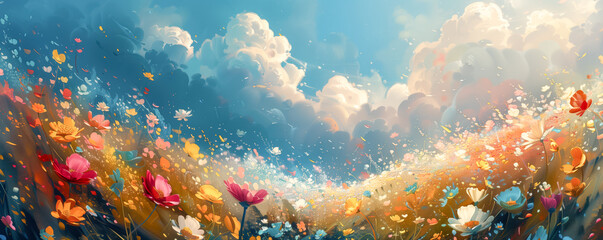 Wall Mural - Art illustration of the field with blooming colourful flowers. Background and banner concept.