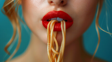 A striking close-up of a woman's mouth with vibrant red lipstick, sensually biting into spaghetti. The image highlights the contrast between the bold red lips.