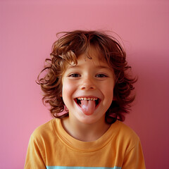 Wall Mural - A photo of a child with a mischievous grin, tongue sticking out in playful fun, isolated on a pastel pink background